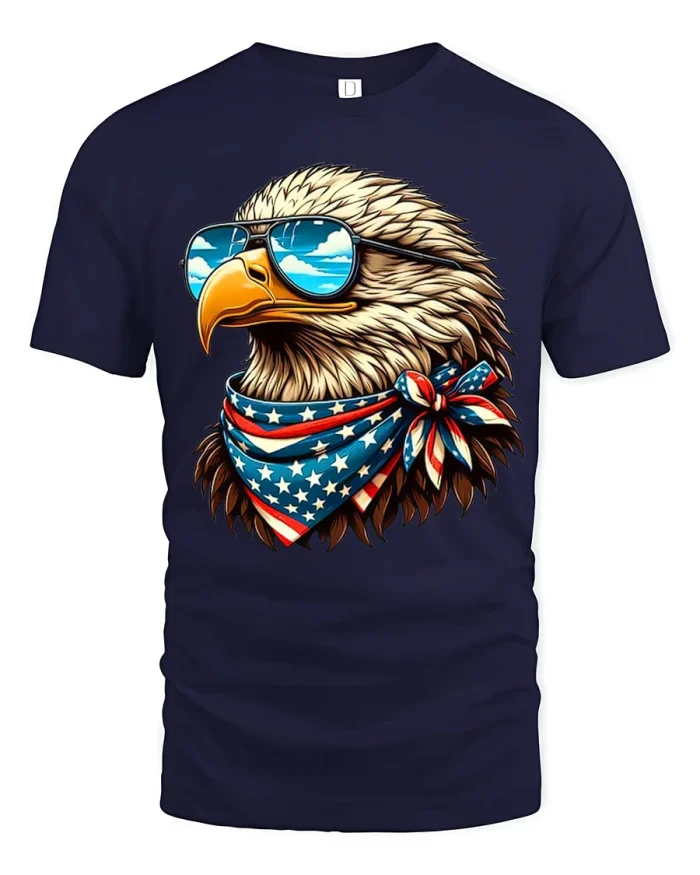 Patriotic Eagle Tee with Sunglasses and American Flag Style - navy t-shirt on white background