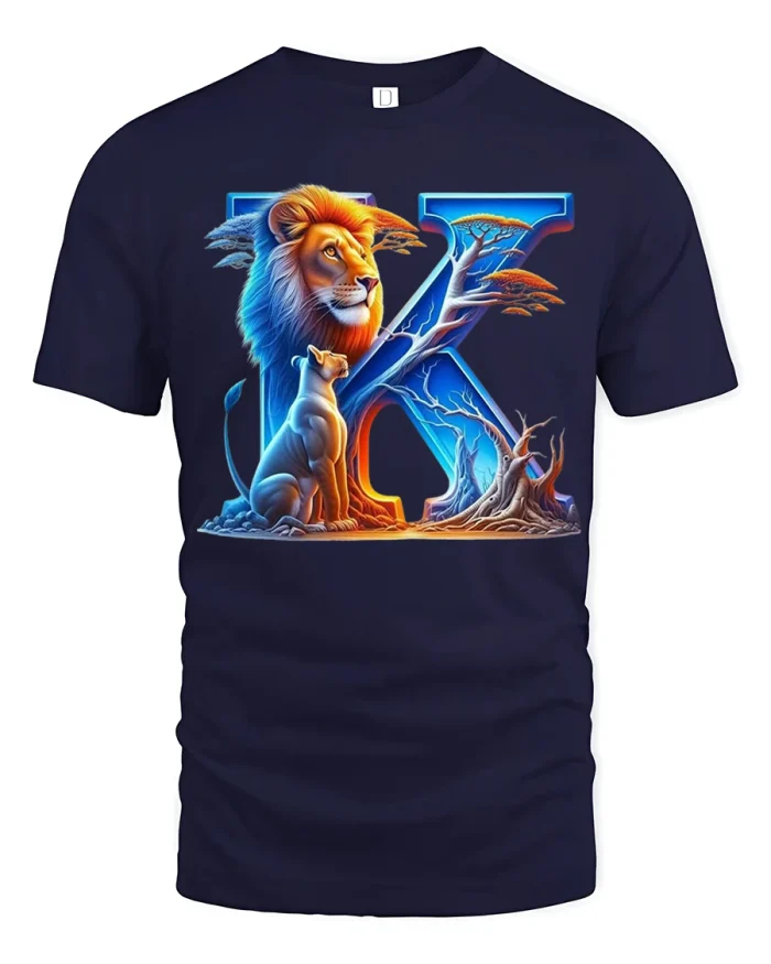 Majestic Lion Tee with Wildlife Art and Bold Nature Letter Design - navy t-shirt on white background