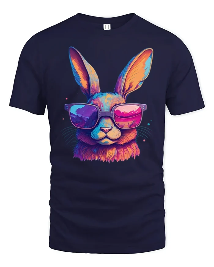 Cool Bunny Tee with Neon Sunglasses and Colorful Artistic Style - navy t-shirt on white background