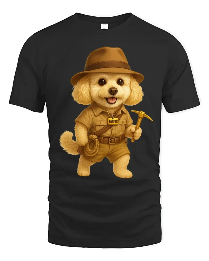 Adventure Puppy Explorer Tee with Cute Indiana Style Dog - black t-shirt on white background