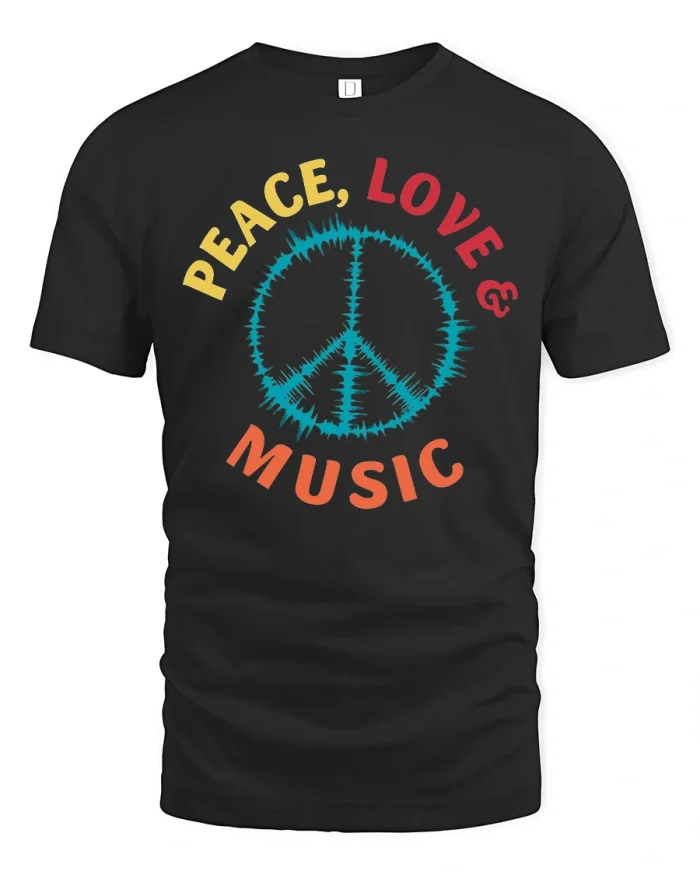 Peace Love Music Tee with Vibrant Retro Style Graphic - black t-shirt on white background