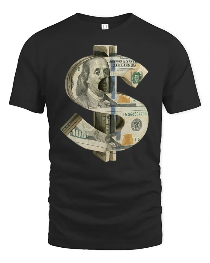 Money Lover Dollar Sign Tee with Bold Cash Graphic Art - black t-shirt on white background