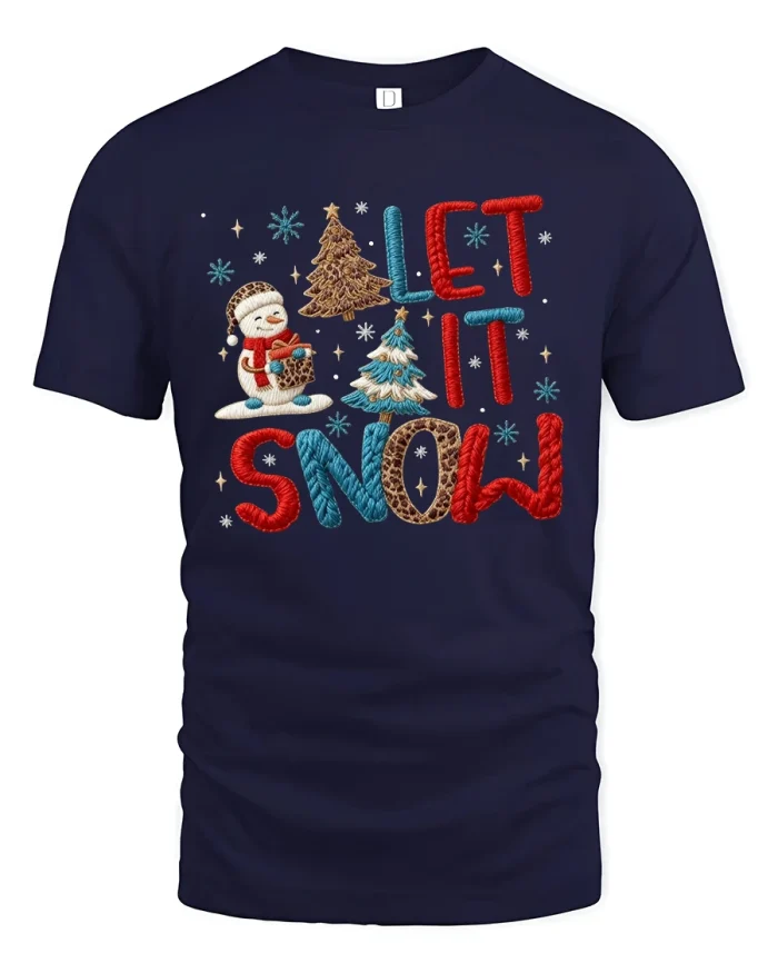 Let It Snow Christmas Tee with Cute Snowman and Trees - navy t-shirt on white background