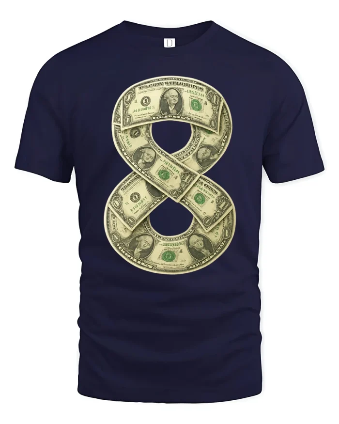 Money Number Eight Tee with Cash Art Design - navy t-shirt on white background