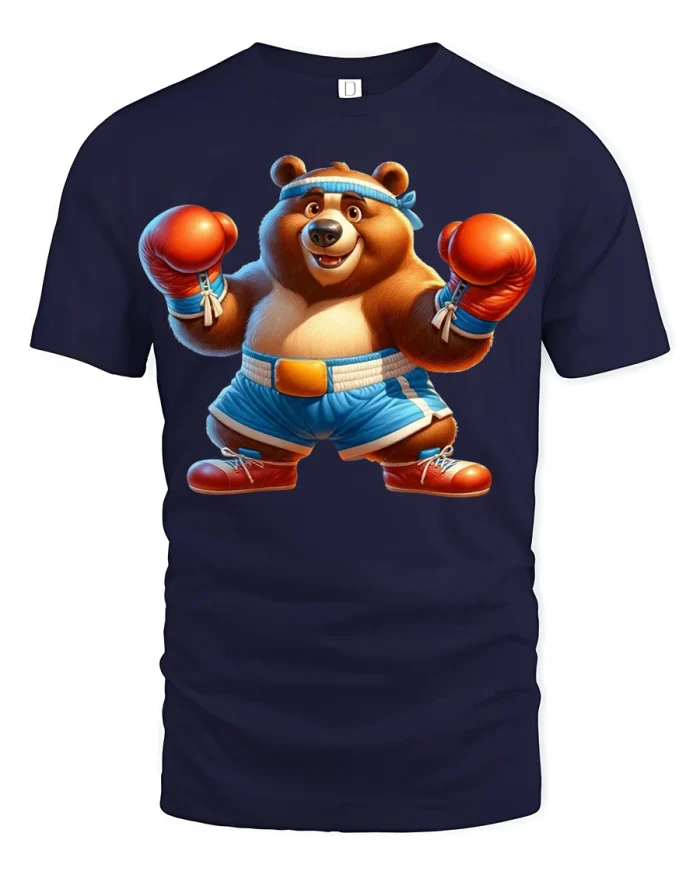 Boxer Bear Tee with Cute Fighting Bear Graphic Design - navy t-shirt on white background
