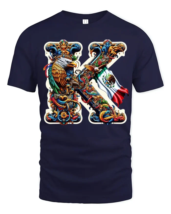 Mexico Eagle Art K Letter Tee with Vibrant Ornamental Design - navy t-shirt on white background