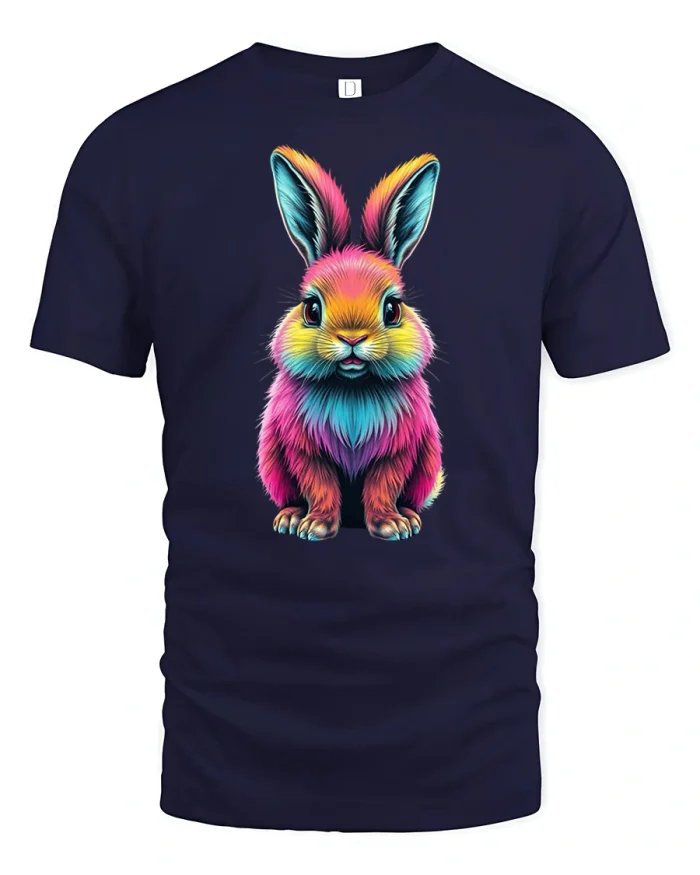 Rainbow Bunny Art Tee with Colorful Neon Rabbit Design - navy t-shirt on white background