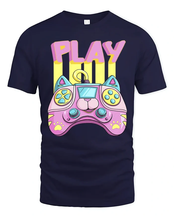 Playful Cat Controller Tee with Cute Gamer Graphic Art - navy t-shirt on white background
