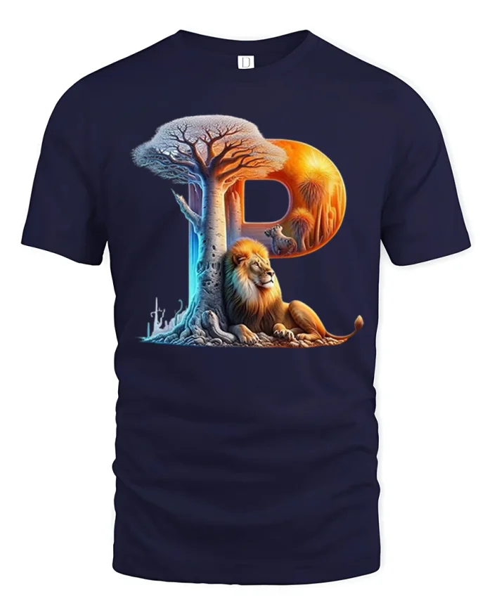 Lion Initial P Tee with Bold Safari Wildlife Art Design - navy t-shirt on white background