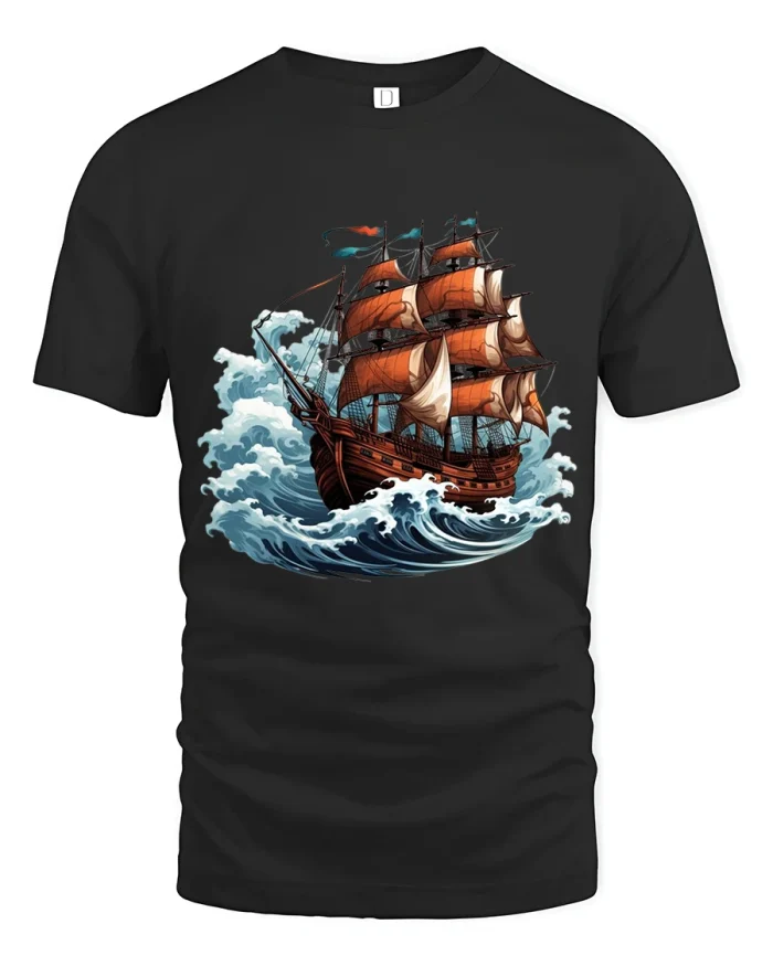 Vintage Sailing Ship Ocean Waves Adventure Artistic TShirt Tee - black t-shirt on white background