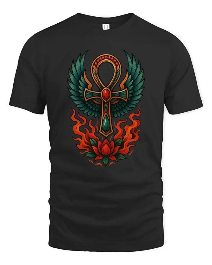 Winged Ankh Flame Lotus Sacred Symbol Graphic TShirt - black t-shirt on white background