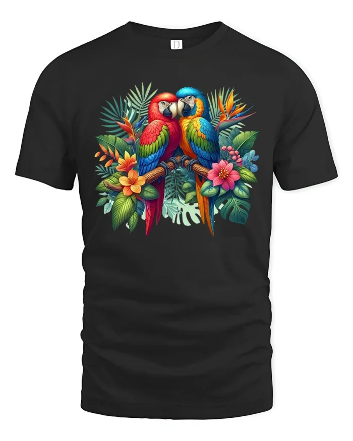 Colorful Tropical Parrots Floral Nature Art Graphic TShirt Tee - black t-shirt on white background