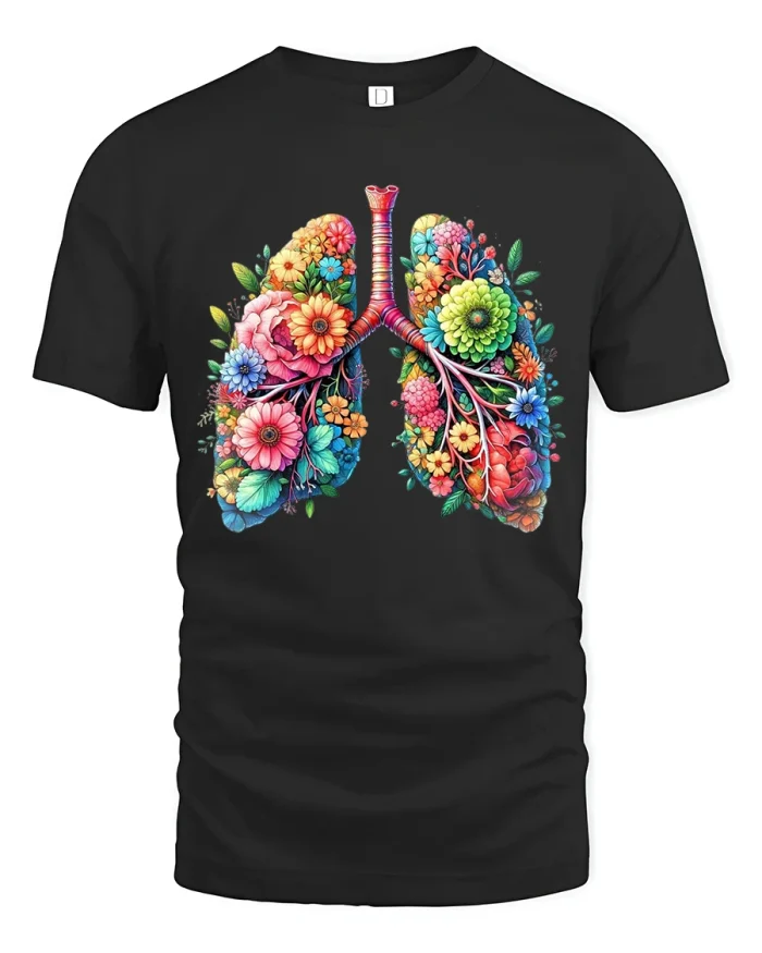 Floral Lungs Anatomy Art Nature Inspired TShirt - black t-shirt on white background