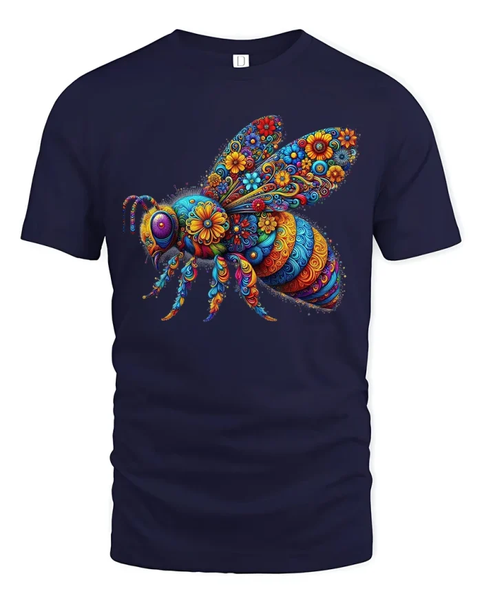 Colorful Floral Bee Art Nature Inspired Graphic Tee - navy t-shirt on white background