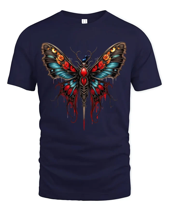 Dark Gothic Butterfly Art Statement Graphic Tee Design - navy t-shirt on white background