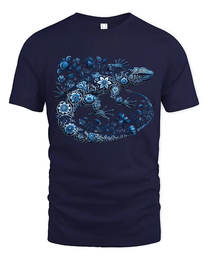 Blue Floral Lizard Art Nature Inspired Graphic Tee Shirt - navy t-shirt on white background