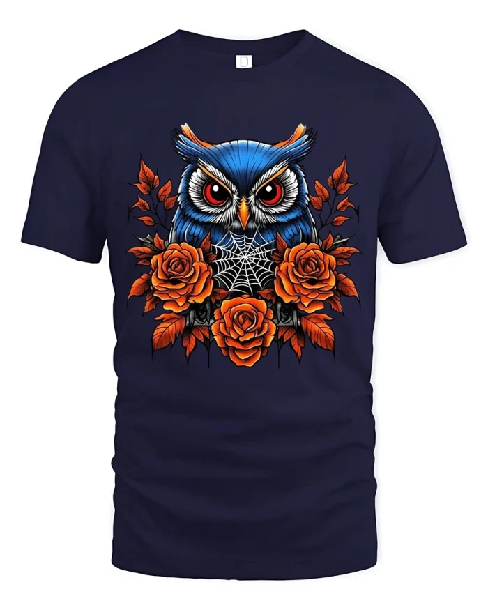 Mystical Owl And Roses Gothic Art Illustration Graphic Tee - navy t-shirt on white background