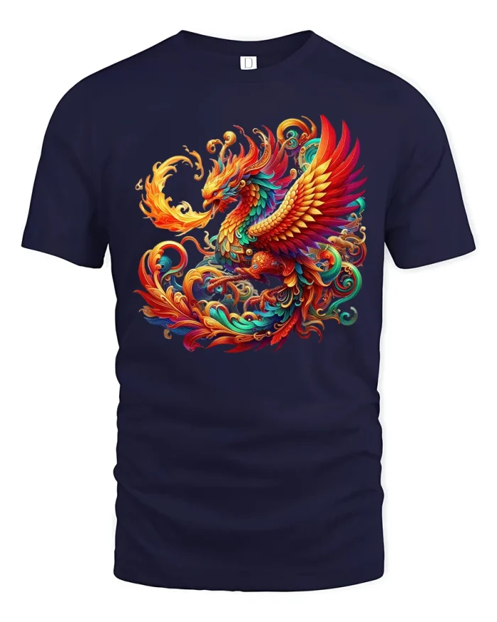 Majestic Phoenix Fire Art Illustration Vibrant Graphic Tee Shirt - navy t-shirt on white background