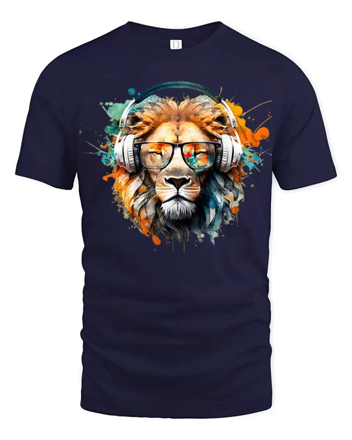 Cool Lion With Headphones Color Splash Artistic Graphic Tee - navy t-shirt on white background
