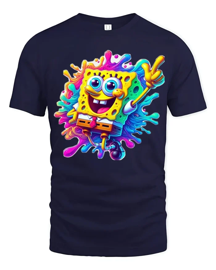 Happy Cartoon Sponge Splash Art Colorful Fun Graphic Tee - navy t-shirt on white background