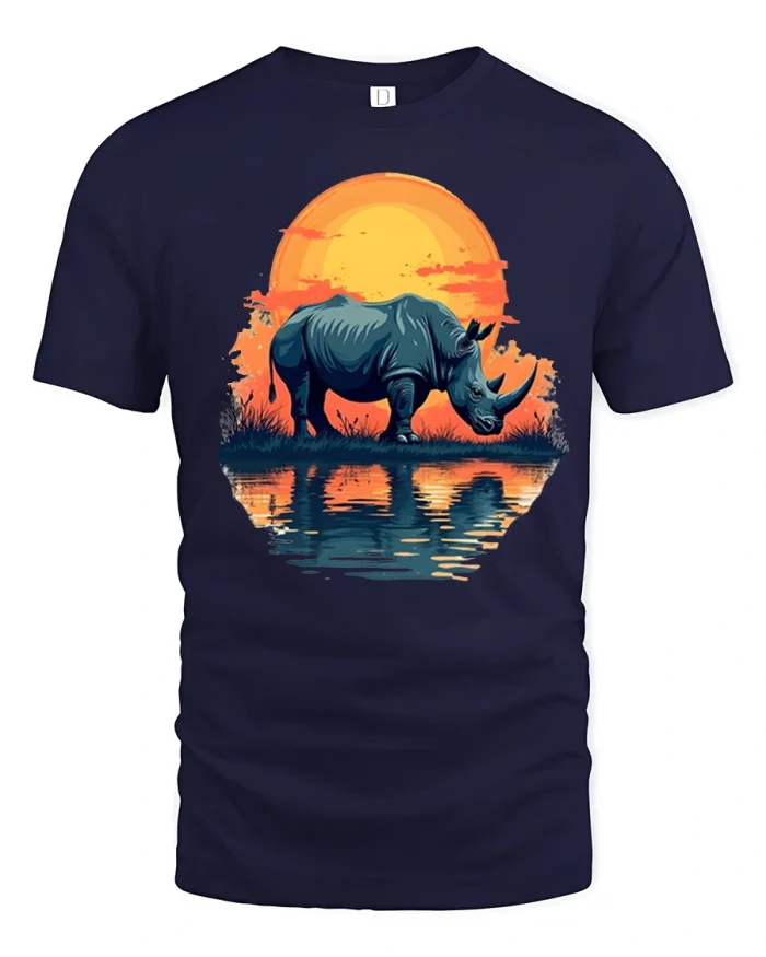 Majestic Rhino Sunset Reflection Wildlife Art Graphic Tee - navy t-shirt on white background