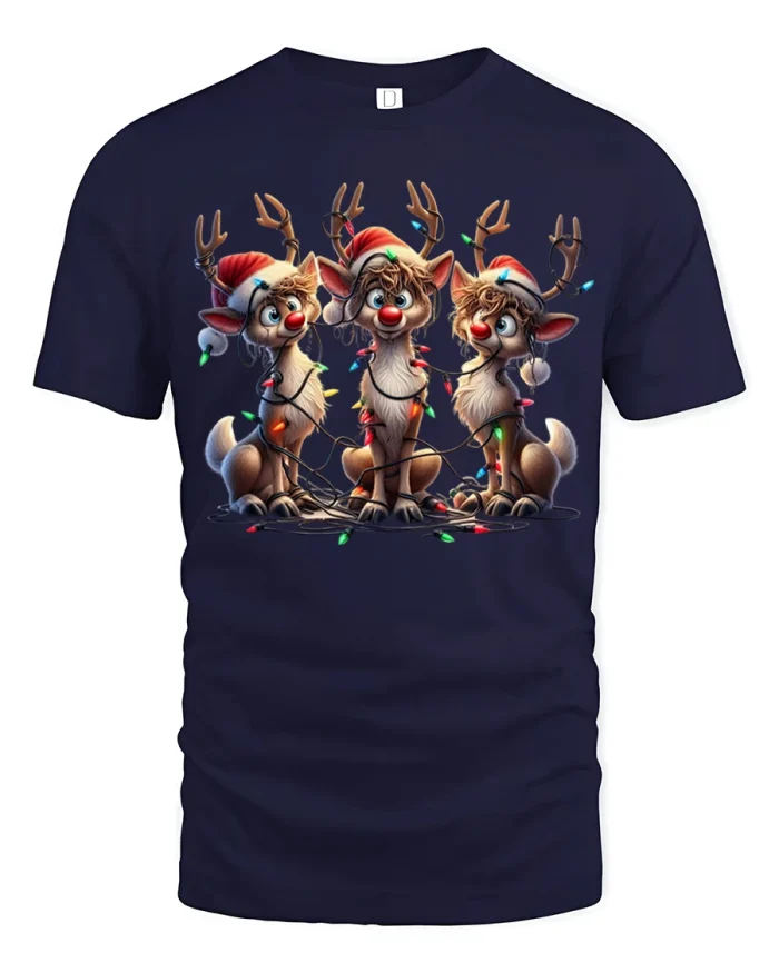 Funny Christmas Reindeer Trio Lights Festive Graphic Tee - navy t-shirt on white background