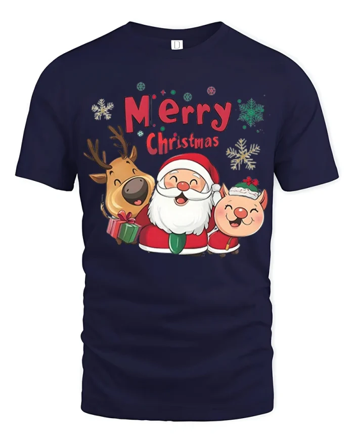 Merry Christmas Santa Reindeer Elf Cute Holiday Graphic Tee - navy t-shirt on white background