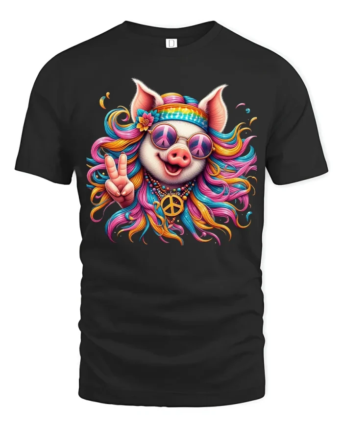 Psychedelic Hippie Pig Graphic T Shirt With Peace Vibes Art - black t-shirt on white background