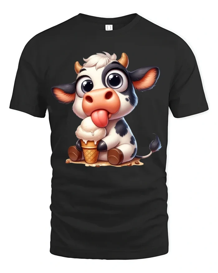 Cute Cow Eating Ice Cream Graphic T Shirt With Funny Cartoon Art - black t-shirt on white background