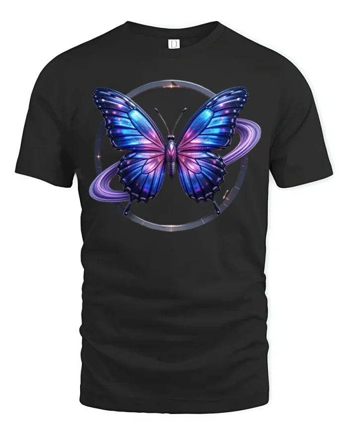 Cosmic Galaxy Butterfly Graphic T Shirt With Dreamy Space Art - black t-shirt on white background