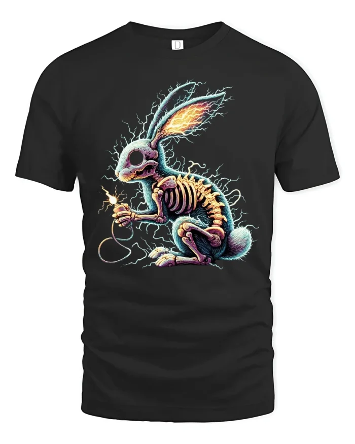 Electric Skeleton Rabbit Graphic T Shirt With Dark Neon Art - black t-shirt on white background