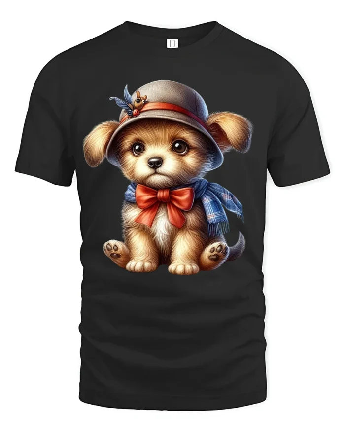 Cute Gentleman Puppy Art T Shirt With Adorable Dog Illustration - black t-shirt on white background
