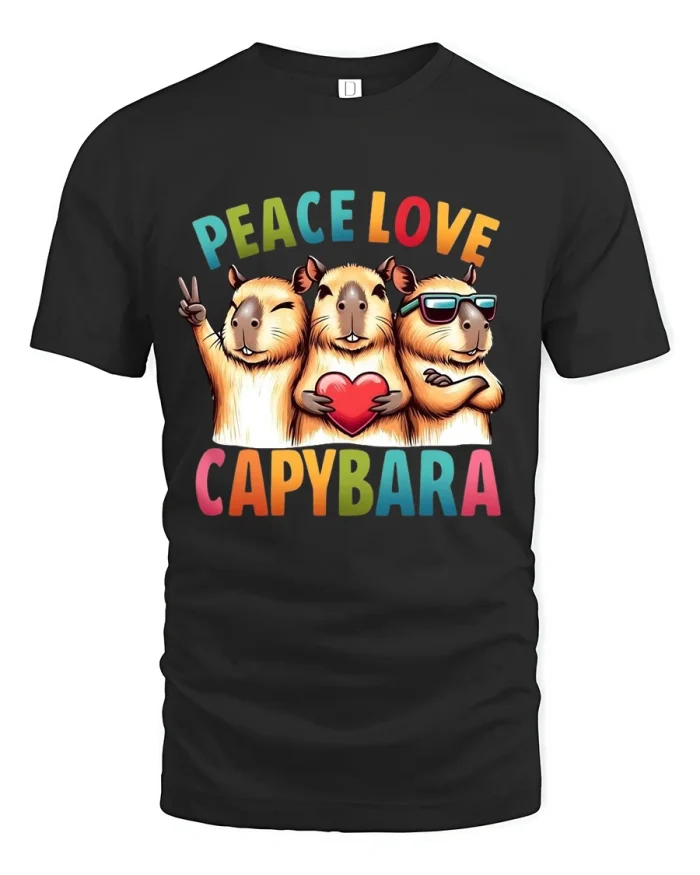 Peace Love Capybara Cute Animal Illustration Graphic T Shirt - black t-shirt on white background