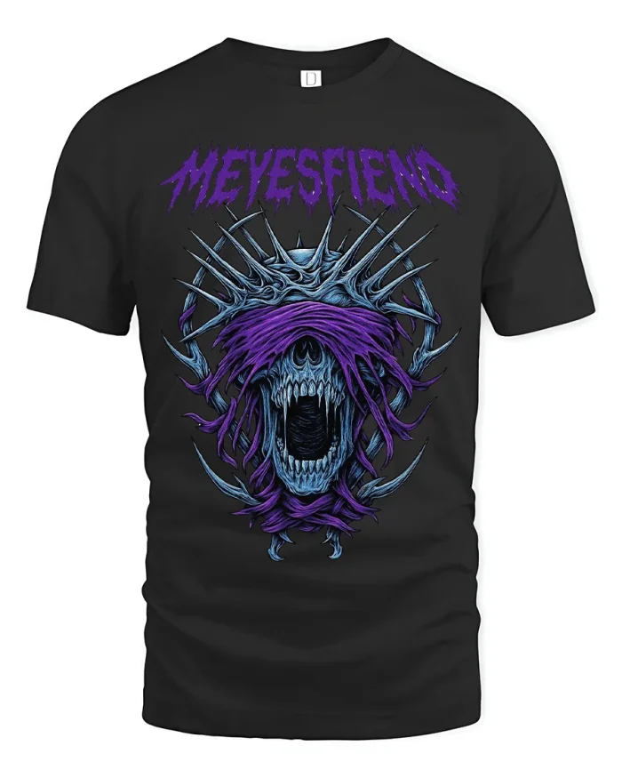 Meyesfiend Dark Skull Graphic T Shirt With Heavy Metal Art - black t-shirt on white background