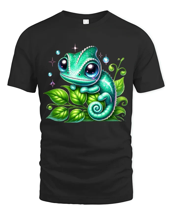 Cute Chameleon Fantasy Illustration Graphic T Shirt Art Style - black t-shirt on white background