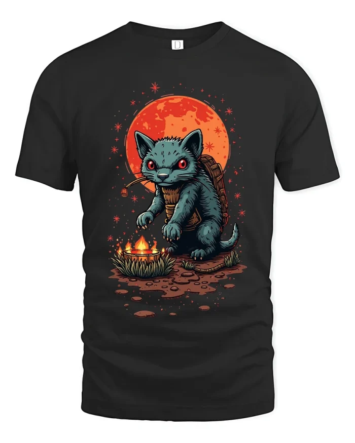 Dark Fantasy Wolf Campfire Illustration Graphic T Shirt Art - black t-shirt on white background