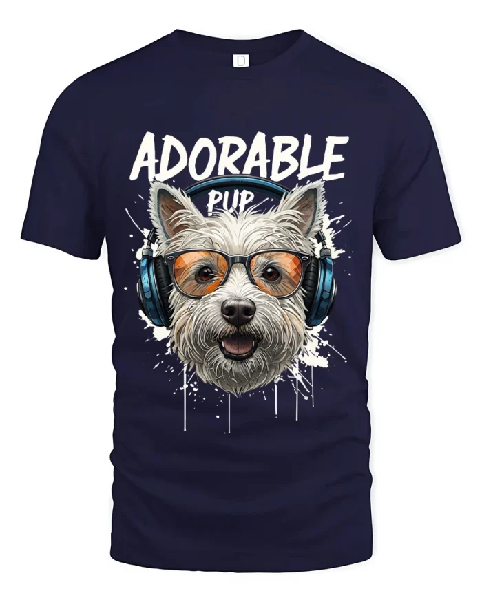 Adorable Pup With Headphones Cool Dog Graphic T Shirt - navy t-shirt on white background