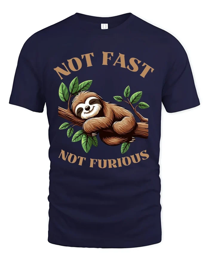 Not Fast Not Furious Sloth Funny Animal Illustration Graphic T Shirt - navy t-shirt on white background