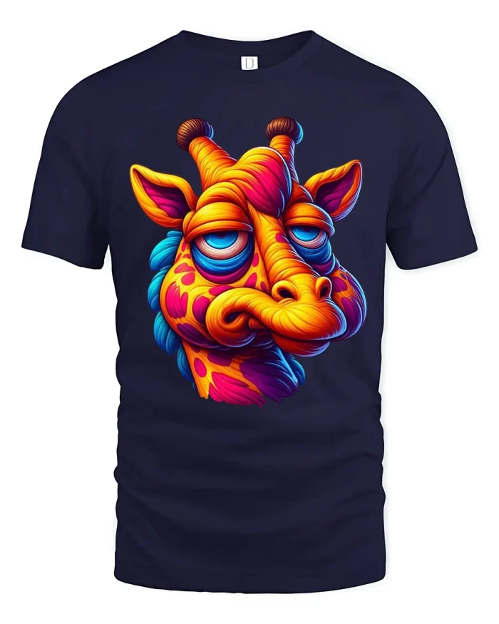 Colorful Psychedelic Giraffe Illustration Graphic T Shirt Art - navy t-shirt on white background