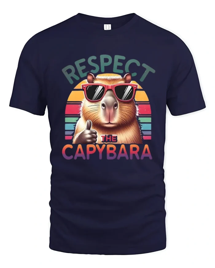 Respect The Capybara Retro Cool Animal Graphic T Shirt - navy t-shirt on white background
