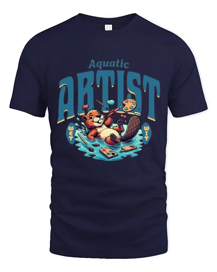 Aquatic Artist Otter Painting Funny Creative Graphic T Shirt - navy t-shirt on white background