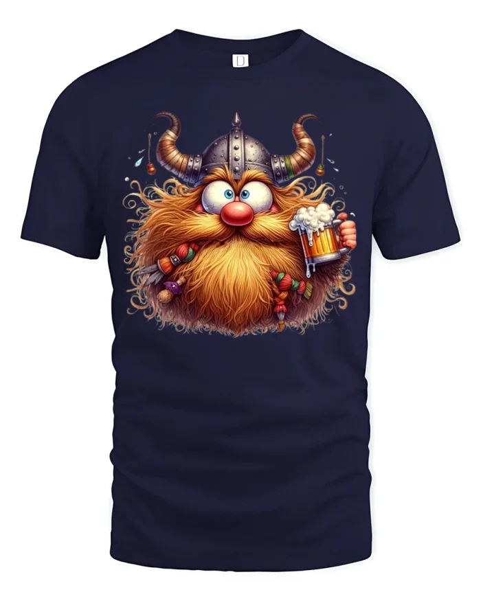 Funny Viking With Beer Cartoon Character Graphic T Shirt - navy t-shirt on white background