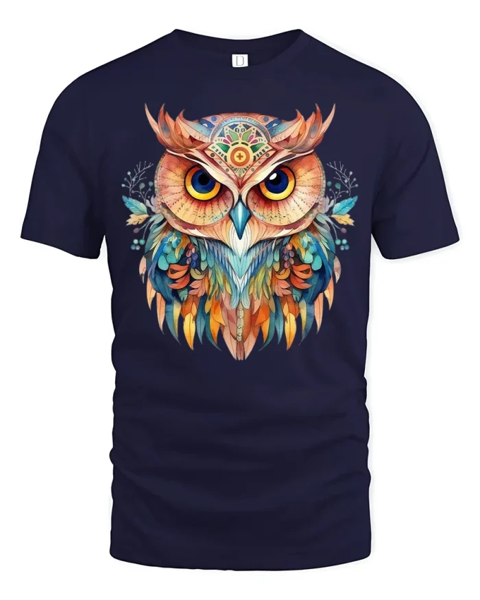 Colorful Mystic Owl Illustration Artistic Graphic T Shirt - navy t-shirt on white background