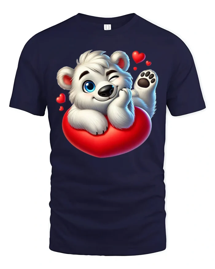 Cute Polar Bear Hugging Heart Adorable Cartoon Graphic T Shirt - navy t-shirt on white background