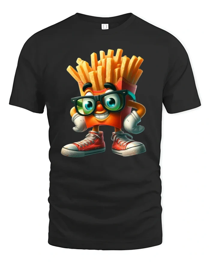 Funny Cartoon French Fries Character Cool Graphic T Shirt - black t-shirt on white background