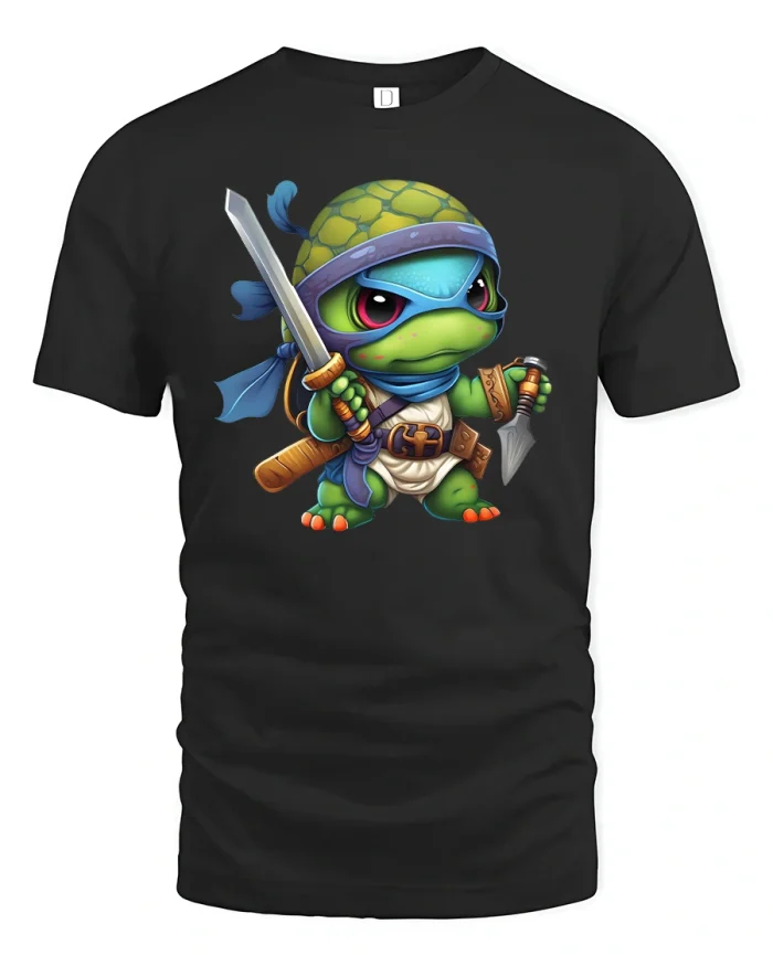 Cute Ninja Turtle Warrior Cartoon Illustration Graphic T Shirt - black t-shirt on white background