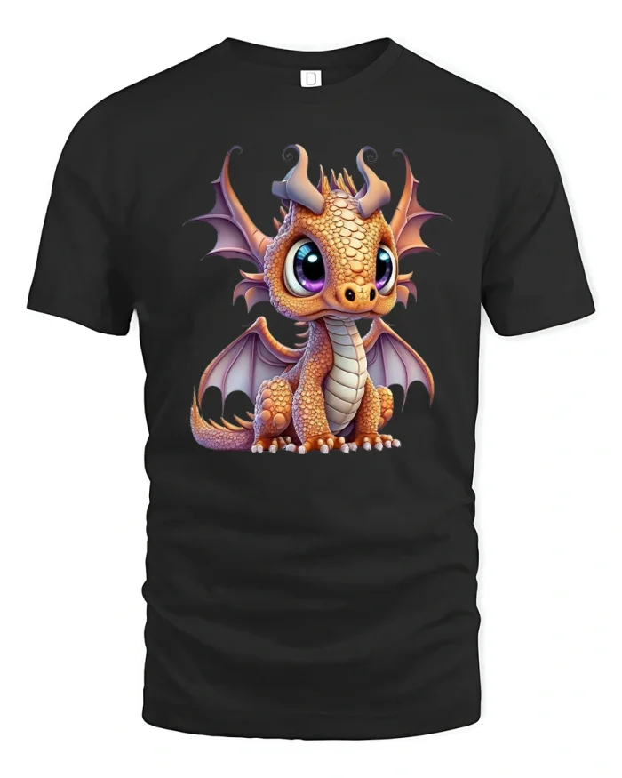 Cute Baby Dragon Fantasy Cartoon Illustration Graphic T Shirt - black t-shirt on white background