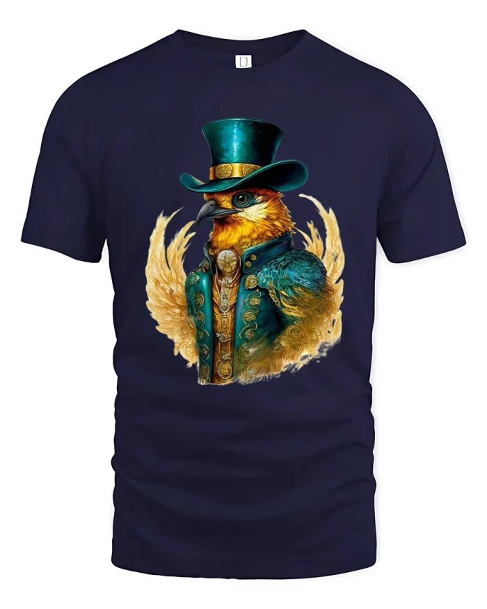 Steampunk Gentleman Bird Illustration Art Graphic T Shirt - navy t-shirt on white background