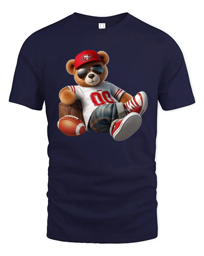 Cool Football Teddy Bear Graphic T Shirt With Street Style - navy t-shirt on white background