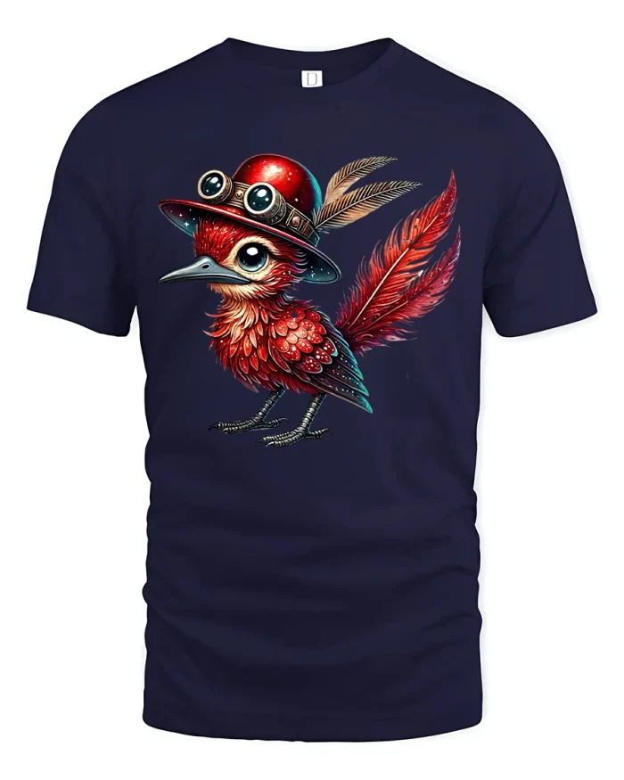 Steampunk Red Bird Illustration Graphic T Shirt With Vintage Style - navy t-shirt on white background